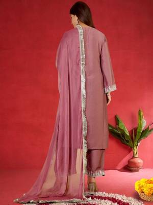 Floral Embroidered Round Neck Zari Straight Kurta with Trousers & Dupatta 5