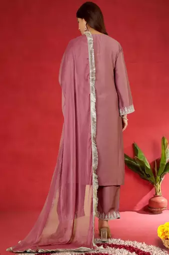 Floral Embroidered Round Neck Zari Straight Kurta with Trousers & Dupatta