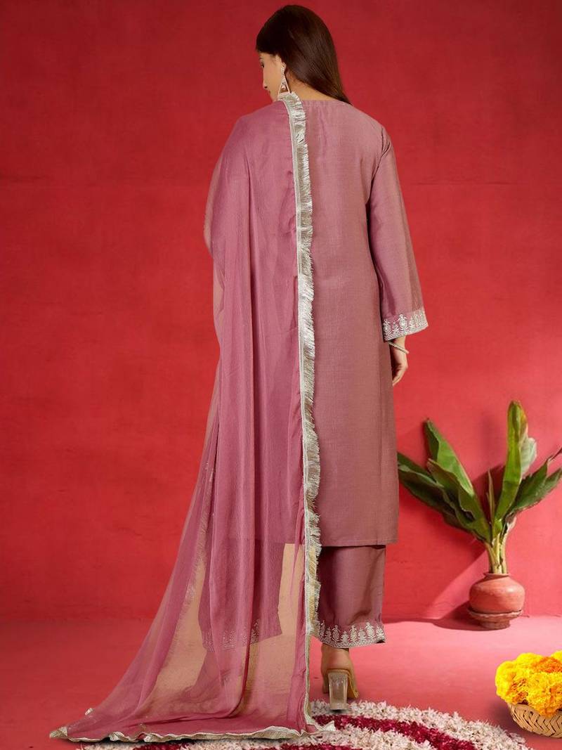 Floral Embroidered Round Neck Zari Straight Kurta with Trousers & Dupatta