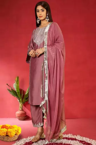 Floral Embroidered Round Neck Zari Straight Kurta with Trousers & Dupatta