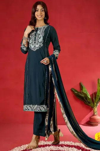 Paisley Yoke Design Zari Straight Kurta With Trousers & Dupatta