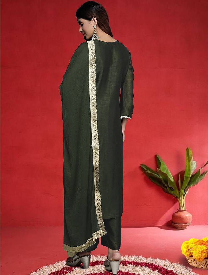 Floral Embroidered Round Neck Pure Cotton Straight Kurta With Trousers & Dupatta