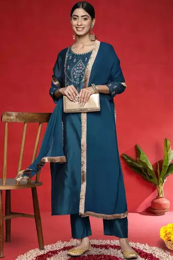 Women Ethnic Motifs Embroidered Kurta with Trouser & Dupatta
