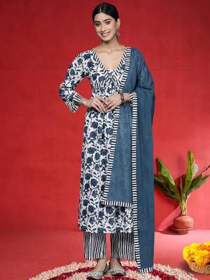 Floral Printed V-Neck Thread Work Cotton Straight Kurta With Trousers & Dupatta 1