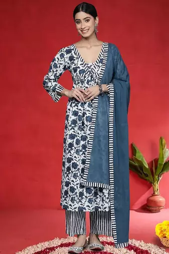 Floral Printed V-Neck Thread Work Cotton Straight Kurta With Trousers & Dupatta