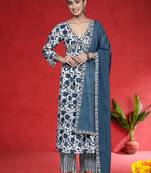 Floral Printed V-Neck Thread Work Cotton Straight Kurta With Trousers & Dupatta
