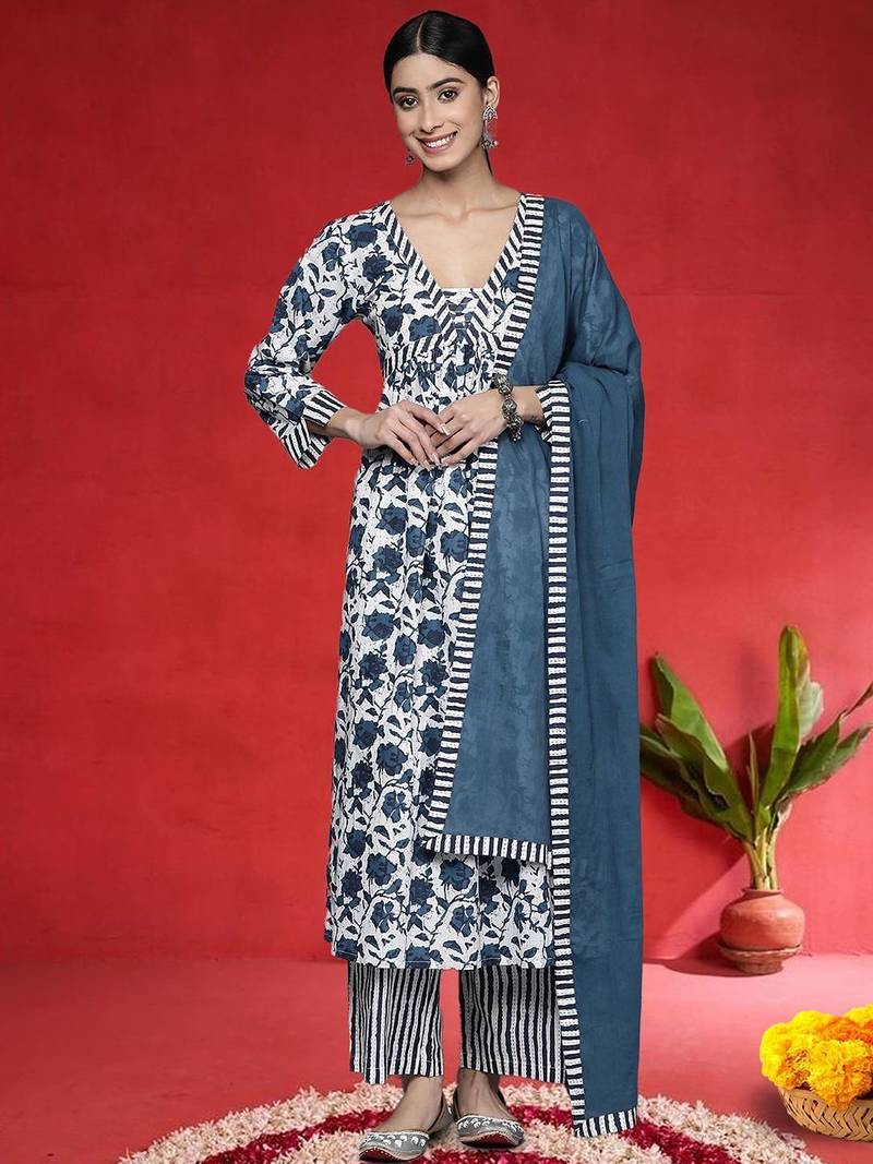 Floral Printed V-Neck Thread Work Cotton Straight Kurta With Trousers & Dupatta