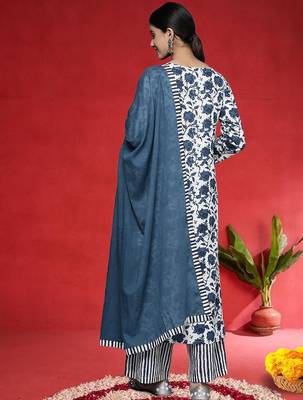 Floral Printed V-Neck Thread Work Cotton Straight Kurta With Trousers & Dupatta 5