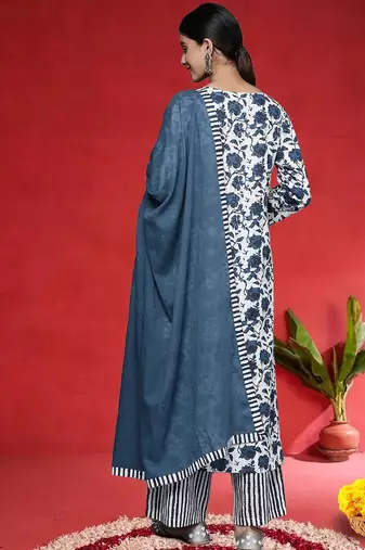 Floral Printed V-Neck Thread Work Cotton Straight Kurta With Trousers & Dupatta