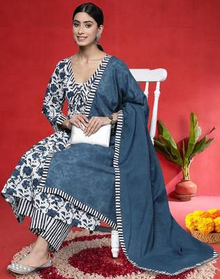 Floral Printed V-Neck Thread Work Cotton Straight Kurta With Trousers & Dupatta 6