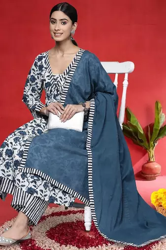 Floral Printed V-Neck Thread Work Cotton Straight Kurta With Trousers & Dupatta