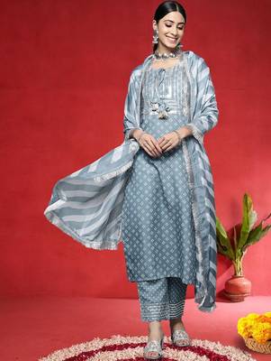 Women Ethnic Motifs Yoke Design Regular Sequinned Kurta & Trousers With Dupatta 1