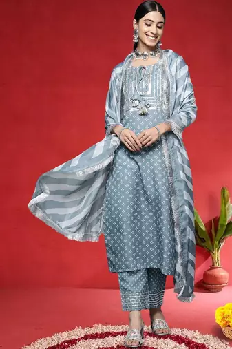 Women Ethnic Motifs Yoke Design Regular Sequinned Kurta & Trousers With Dupatta