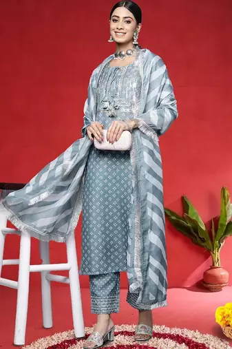 Women Ethnic Motifs Yoke Design Regular Sequinned Kurta & Trousers With Dupatta