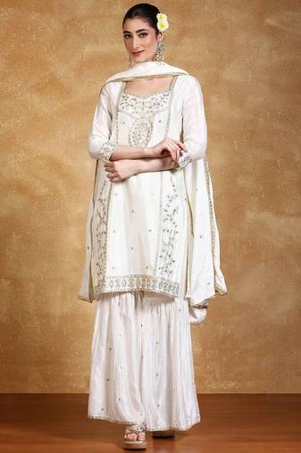 Women Floral Embroidered Kurta with Sharara & Dupatta