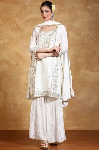 Women Floral Embroidered Kurta with Sharara & Dupatta