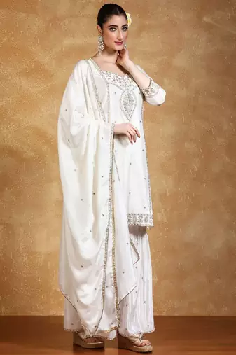 Women Floral Embroidered Kurta with Sharara & Dupatta