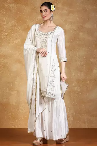 Women Floral Embroidered Kurta with Sharara & Dupatta