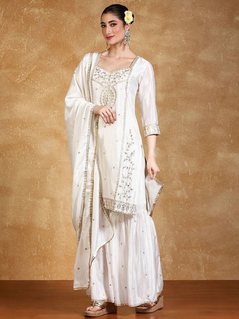 Women Floral Embroidered Kurta with Sharara & Dupatta