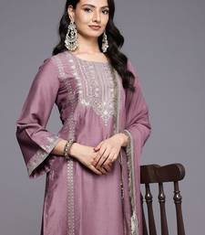 Floral Yoke Design Flared Sleeve Thread Work Straight Kurta With Trouser & Dupatta