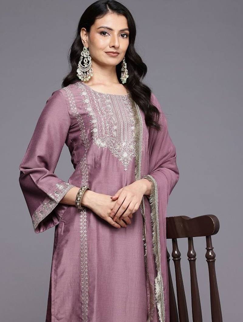 Floral Yoke Design Flared Sleeve Thread Work Straight Kurta With Trouser & Dupatta
