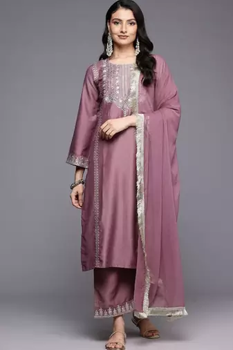 Floral Yoke Design Flared Sleeve Thread Work Straight Kurta With Trouser & Dupatta