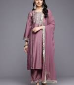 Floral Yoke Design Flared Sleeve Thread Work Straight Kurta With Trouser & Dupatta