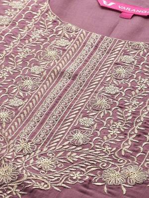 Floral Yoke Design Flared Sleeve Thread Work Straight Kurta With Trouser & Dupatta 3