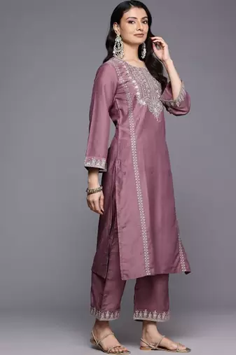 Floral Yoke Design Flared Sleeve Thread Work Straight Kurta With Trouser & Dupatta