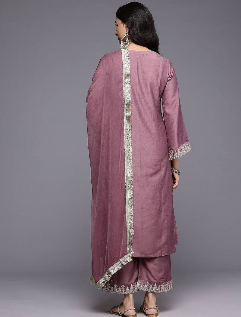 Floral Yoke Design Flared Sleeve Thread Work Straight Kurta With Trouser & Dupatta