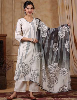 Women Floral Printed Regular Thread Work Pure Cotton Kurta with Trousers & With Dupatta 6