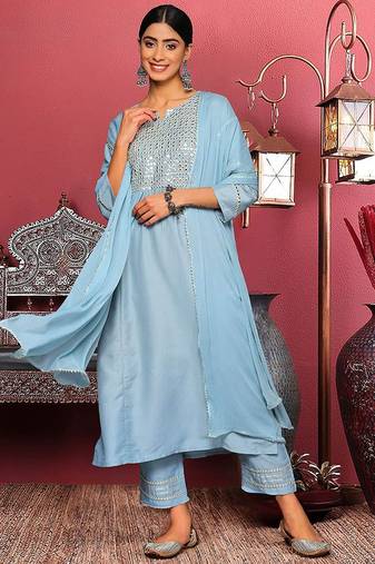 Blue Floral Embroidered Mirror Work Straight Kurta With Trousers & Dupatta