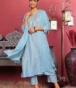 Blue Floral Embroidered Mirror Work Straight Kurta With Trousers & Dupatta