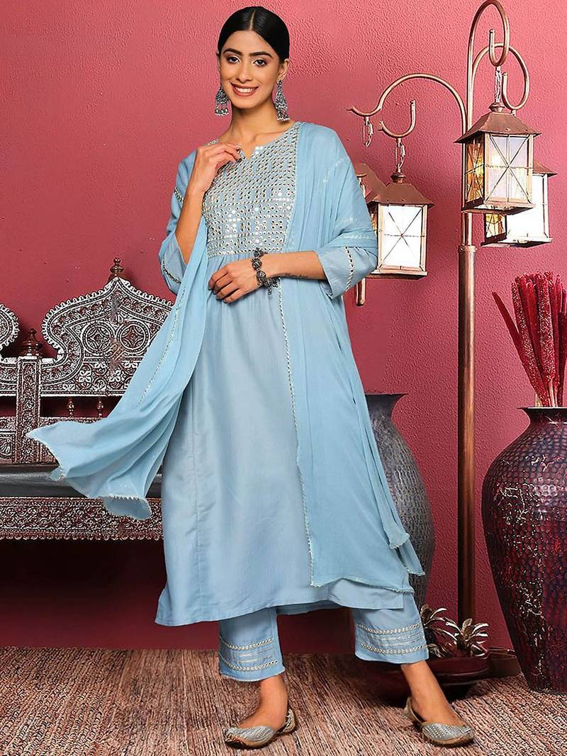 Blue Floral Embroidered Mirror Work Straight Kurta With Trousers & Dupatta