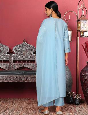 Blue Floral Embroidered Mirror Work Straight Kurta With Trousers & Dupatta 5