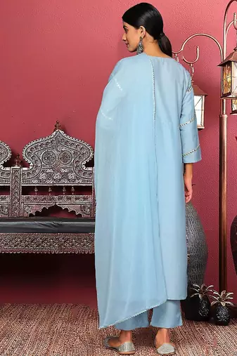Blue Floral Embroidered Mirror Work Straight Kurta With Trousers & Dupatta