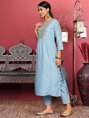 Blue Floral Embroidered Mirror Work Straight Kurta With Trousers & Dupatta 6
