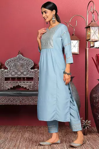 Blue Floral Embroidered Mirror Work Straight Kurta With Trousers & Dupatta
