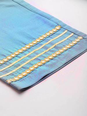 Blue Floral Embroidered Mirror Work Straight Kurta With Trousers & Dupatta 7