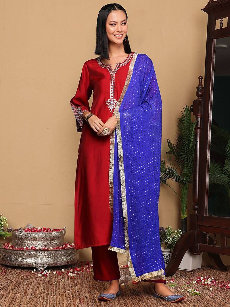 Women Ethnic Motifs Embroidered Regular Sequinned Kurta with Trousers & With Dupatta