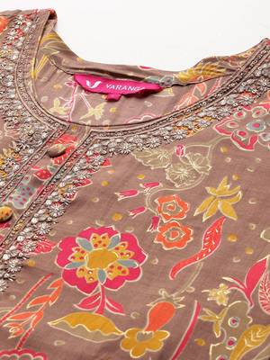 Floral Printed Thread Work Kurta with Trousers & With Dupatta 3