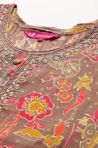 Floral Printed Thread Work Kurta with Trousers & With Dupatta