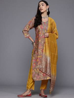 Floral Printed Thread Work Kurta with Trousers & With Dupatta 1