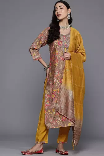 Floral Printed Thread Work Kurta with Trousers & With Dupatta