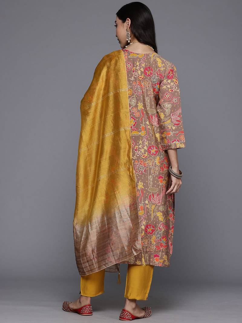 Floral Printed Thread Work Kurta with Trousers & With Dupatta