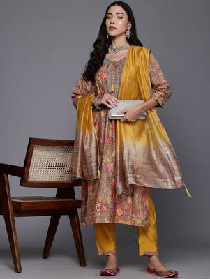 Floral Printed Thread Work Kurta with Trousers & With Dupatta 8
