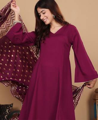V-Neck Full Sleeves Regular A-Line Kurta With Palazzo With Dupatta 1