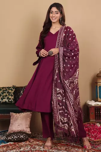 V-Neck Full Sleeves Regular A-Line Kurta With Palazzo With Dupatta
