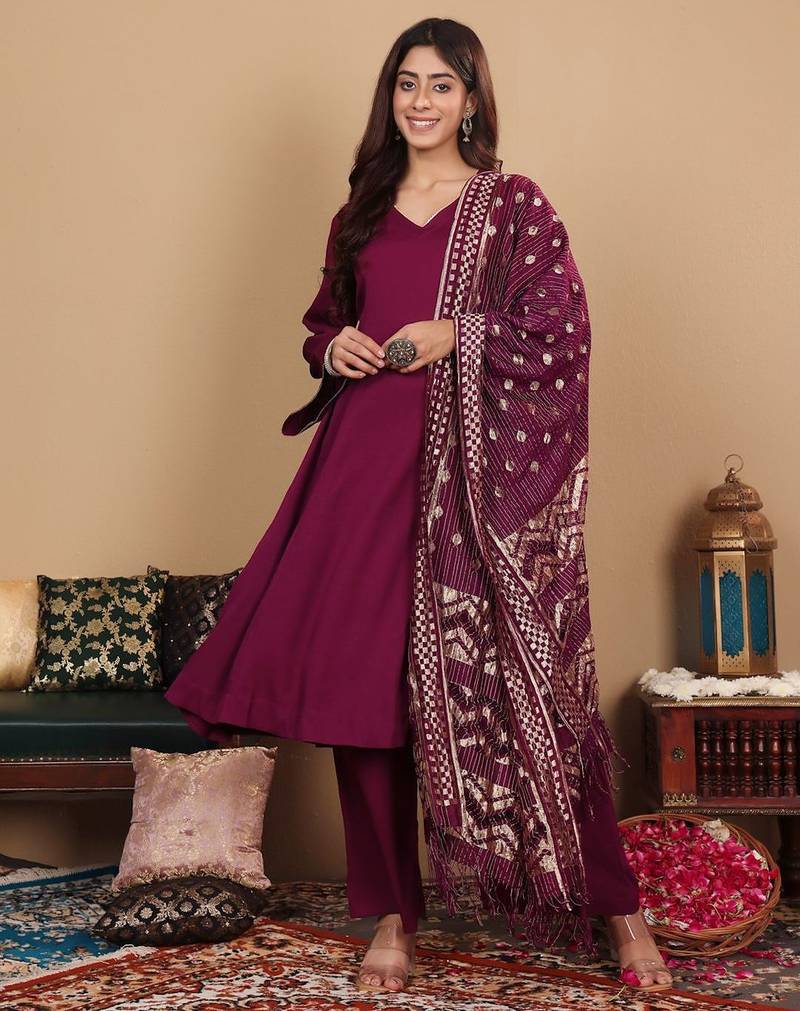 V-Neck Full Sleeves Regular A-Line Kurta With Palazzo With Dupatta