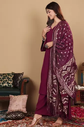 V-Neck Full Sleeves Regular A-Line Kurta With Palazzo With Dupatta